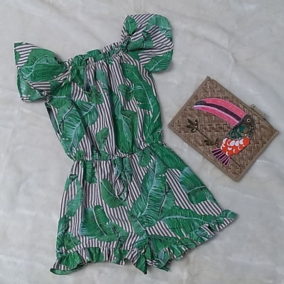 Style House Other - Tropical green & tan striped off shoulder romper